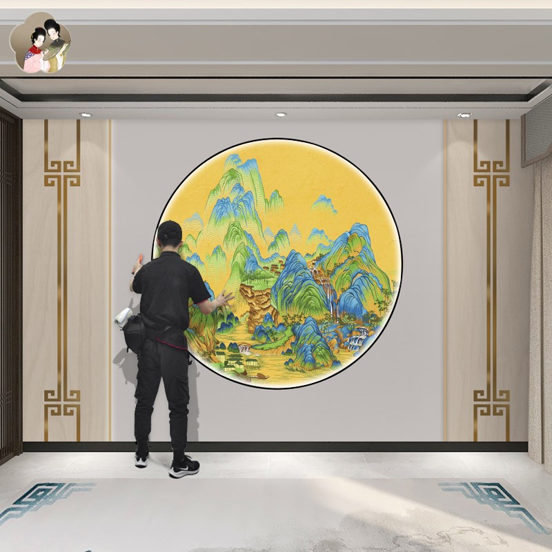 网红古典新中式千里江山图独绣墙布刺绣书房客厅餐厅背景家装壁布