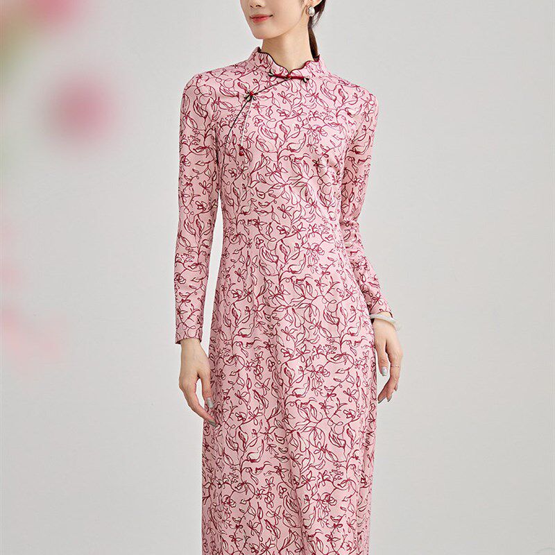 柏媛胭脂红气质改良旗袍女士新中式走秀高级感长袖修身印花连衣裙