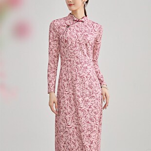 印花连衣裙 修身 柏媛胭脂红气质改良旗袍女士新中式 走秀高级感长袖
