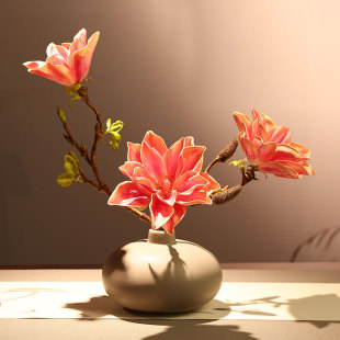 新中式禅意陶瓷艺术花瓶客厅民宿餐桌面摆件仿真橙色玉兰花插花艺