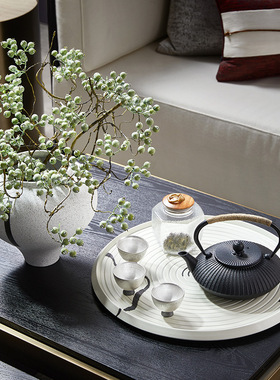 邸高家居新中式白色墨纹陶t瓷托盘样板间客厅茶室茶桌收纳圆形茶