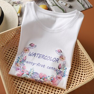 白色t恤女2025新款丝光棉印花短款上衣女纯棉白色圆领短袖t恤女夏