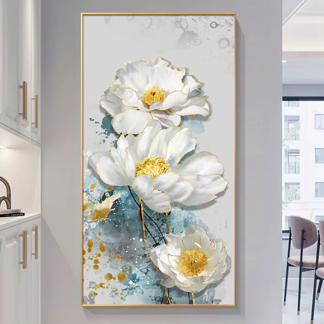 花开富贵玄关装饰画入户正对w门走廊落地壁画客厅餐厅卧室牡丹挂