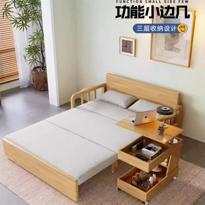 全实木移动升降旋转边几客厅茶几橡F胶木小茶几沙发边柜带轮小推