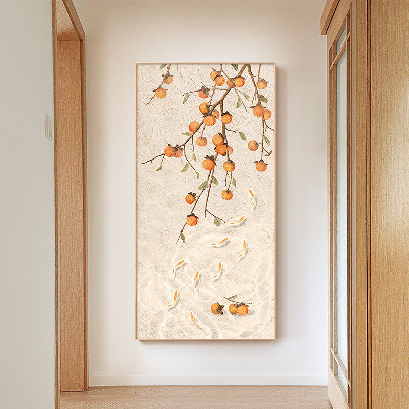 柿柿如意入户玄关装饰画新中式原木风走廊挂画九鱼图客厅过道壁画