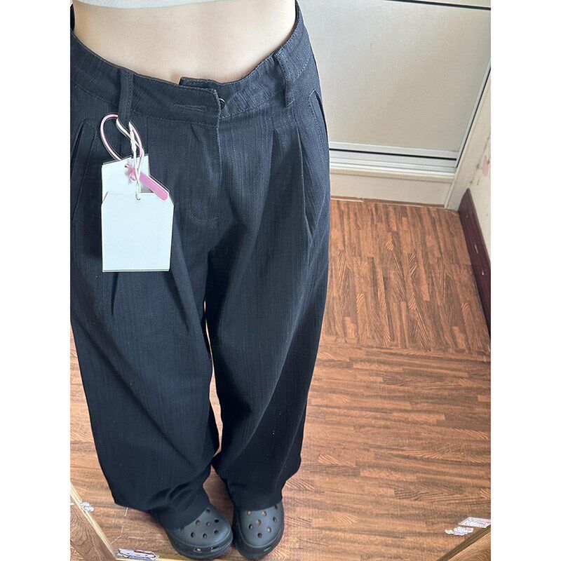 大码胖mm复古黑色高腰西装裤女秋冬宽松阔腿别致休闲百搭直筒长裤