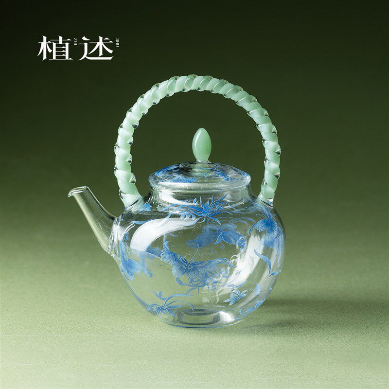 植述蝶梦玻璃提梁壶玉把手精v致手工耐热小茶壶精致功夫茶具泡茶