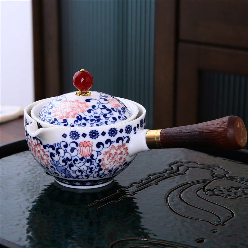 逍遥壶旋转泡茶壶陶瓷缠枝莲侧把防烫摇摇杯自动泡茶神.器茶具套