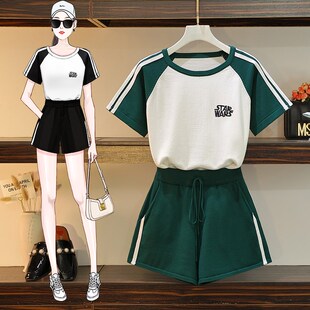 薄款 冰丝针织短袖 大码 短裤 跑步休闲运动套装 两件套时尚 女2025夏装