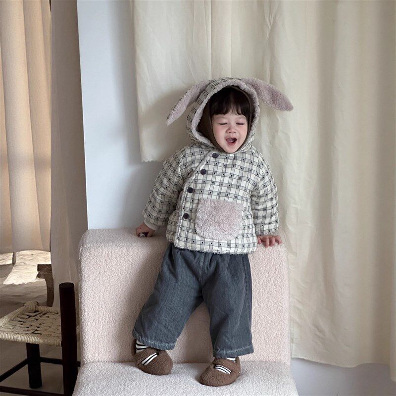 婴儿外出棉服童装男童加绒格子棉衣可爱绒耳朵小宝宝加厚连帽棉袄