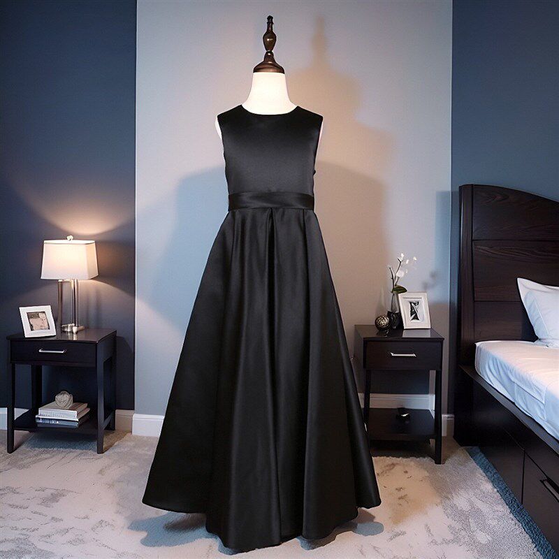 系带缎面黑色礼服儿童合唱乐团演出服女童夏款深藏青钢琴演奏长裙