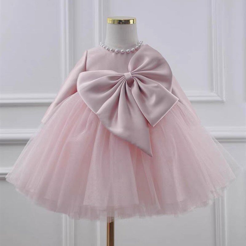 上新浅粉色女宝宝周岁长袖女童礼服粉色蓬蓬裙生日周岁裙演出主持