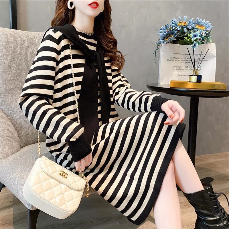 2024年春秋连衣裙长袖显瘦洋气披肩条纹两件套中长款针织连衣裙女