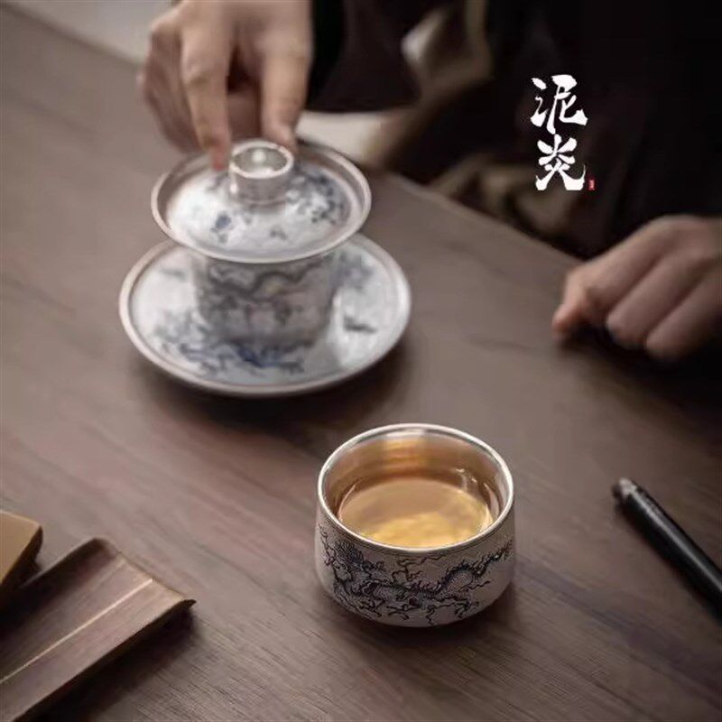 鎏银青花龙纹主人杯中式功夫茶具茶杯主人杯M个人杯小茶碗品茗杯