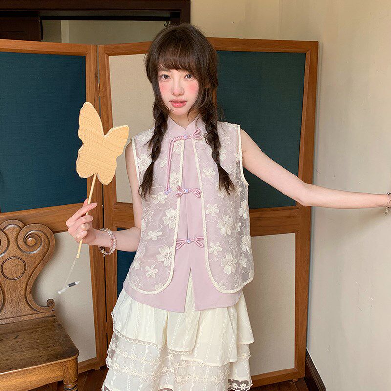 芝士日 甜美新中式小众粉色绝美上衣女夏季复古气质蕾丝短裙套装