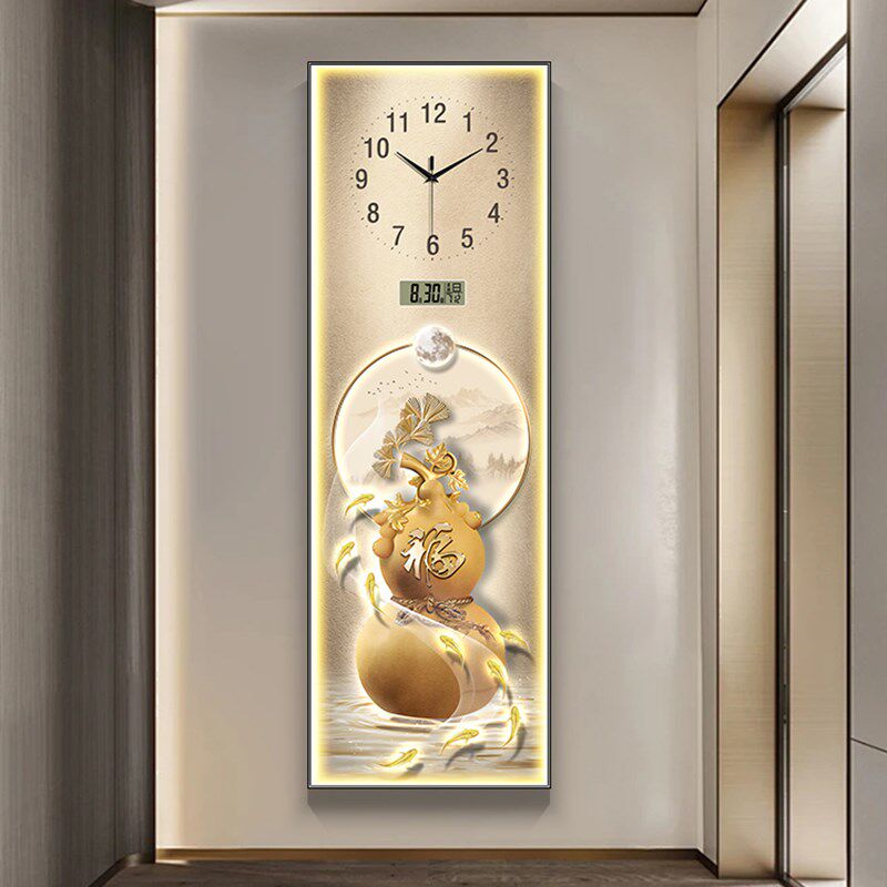 玄关装饰画2025新款钟表挂钟九鱼图长条挂画新中式过道走廊壁灯画