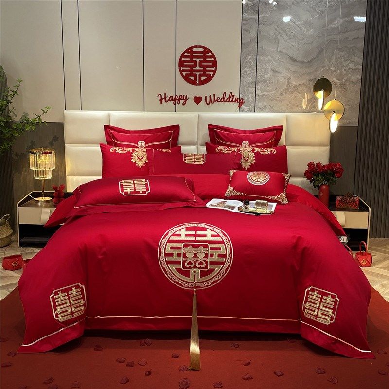 婚庆四件套全棉大红6q0支长绒棉被套陪嫁送礼婚房结婚床上用品