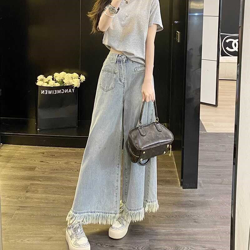 阔腿大喇叭牛仔裤女夏薄款宽腿高腰宽松梨型身材遮肉网红流苏长裤