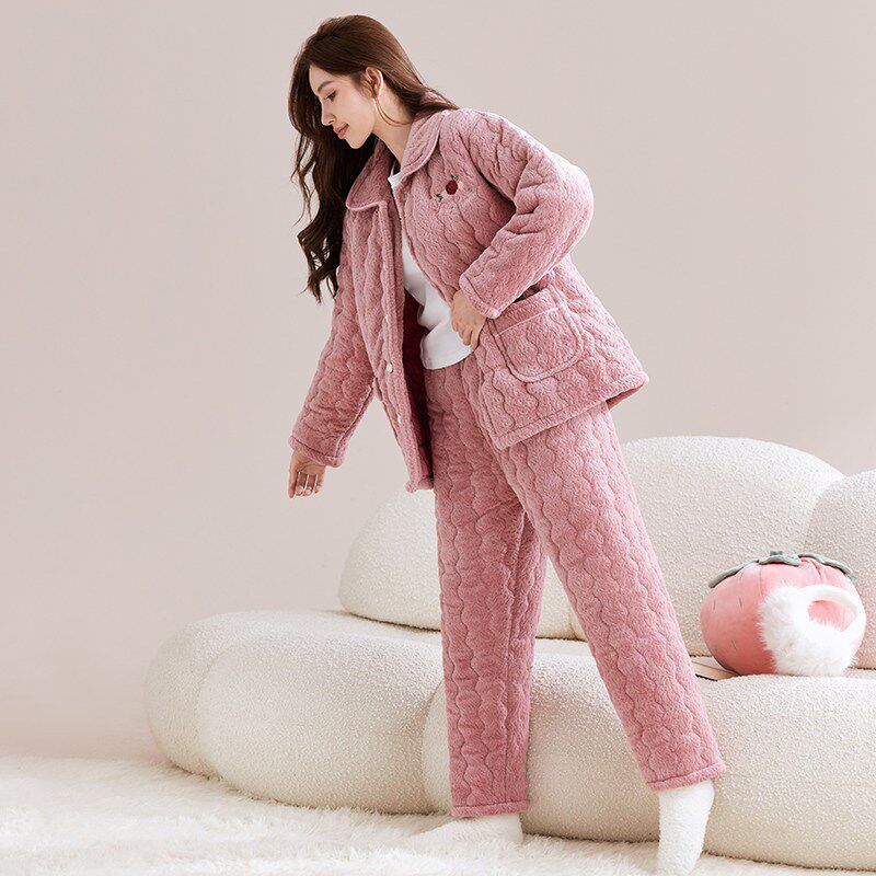 冬季中年女士加厚睡衣家居服妈妈款三层夹棉袄法兰绒保暖大码套装