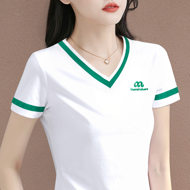 v领白色短袖t恤女2024新款夏季爆款女装显瘦正肩上衣高端半袖体恤