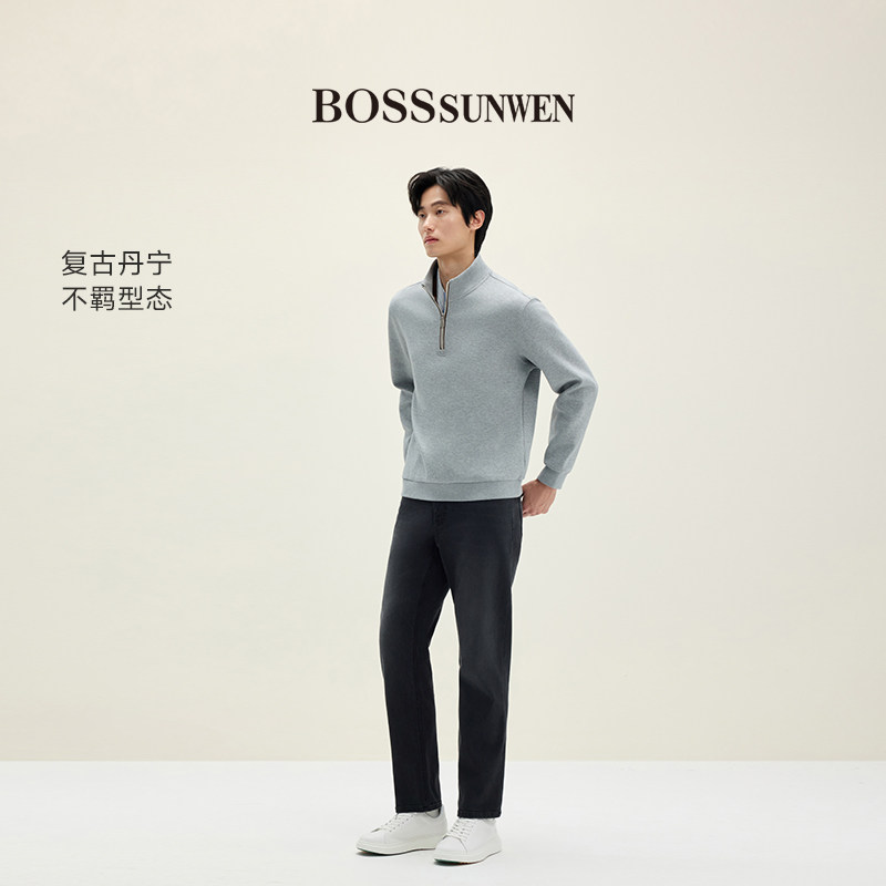 BOSSSUNWEN/博斯·绅威BOSS复古男士直筒牛仔裤灰色长裤休闲裤