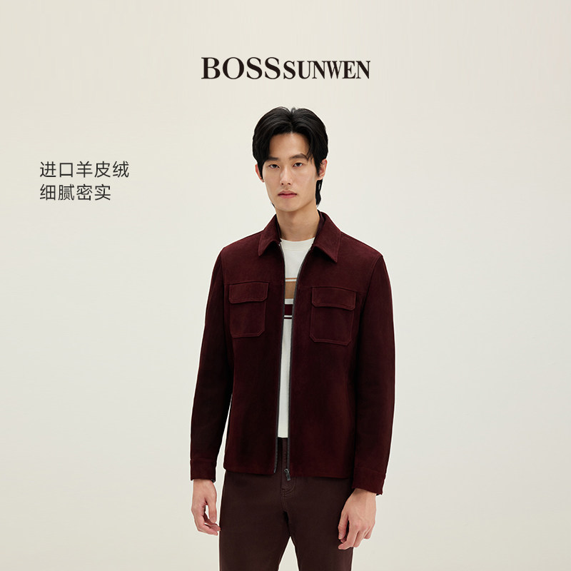 BOSSSUNWEN/博斯·绅威男士翻领短款夹克羊皮绒工装外套百搭