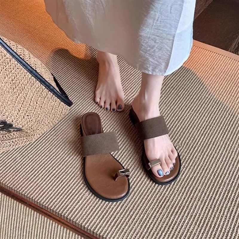 羊皮版~真皮厚底拖鞋女夏外穿法式坡跟凉拖鞋增高平底套趾沙滩鞋