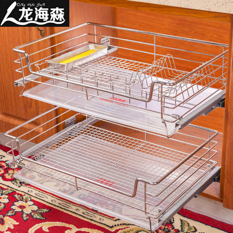 龙海森拉篮厨房橱柜双层抽屉式碗架304不锈O钢置物架厨柜碗碟碗篮