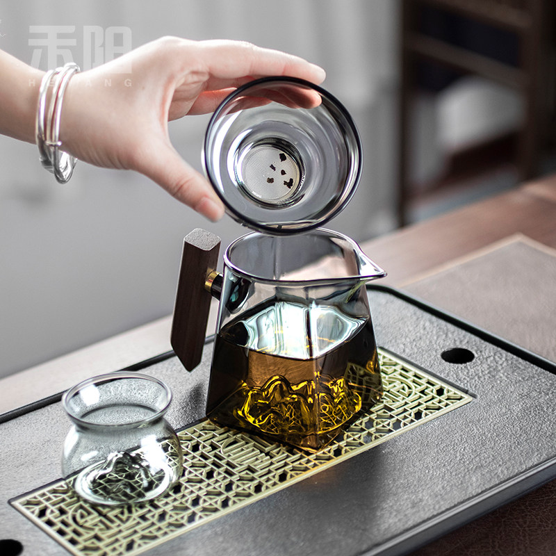 禾阳 玻璃d公道杯茶漏套装一体木把功夫分茶器大容量茶海公杯高档
