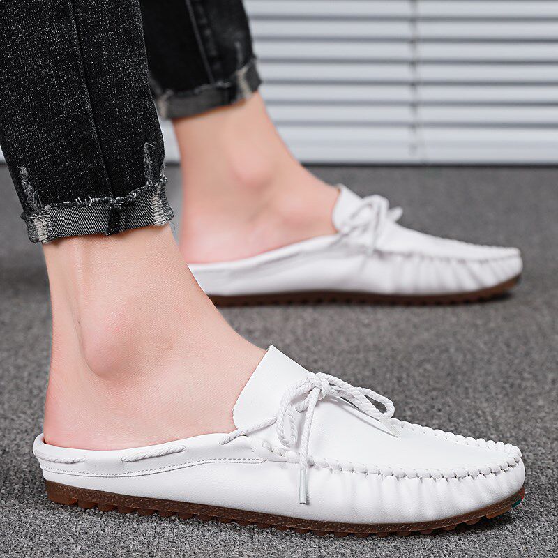 男款白色豆豆鞋半托懒汉无后跟逗逗潮流发型N师懒人拖鞋休息鞋皮