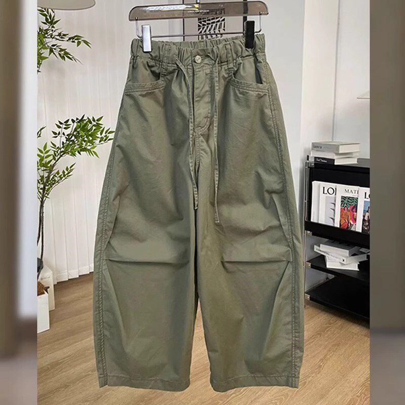 军绿色八分工装裤女2025夏季薄款宽松褶皱休闲裤小个子弯刀阔腿裤