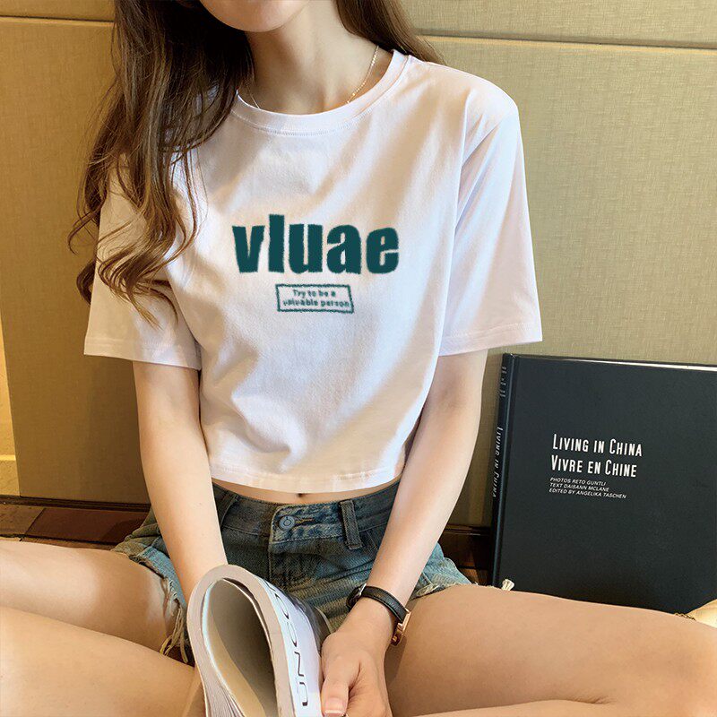 漏肚脐短款上衣女夏装2022年新款韩版小个子短袖宽松白色t恤半袖