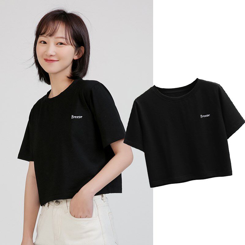 短款t恤女2023夏装新款宽松学生高腰漏肚脐半截袖短袖上衣体恤衫