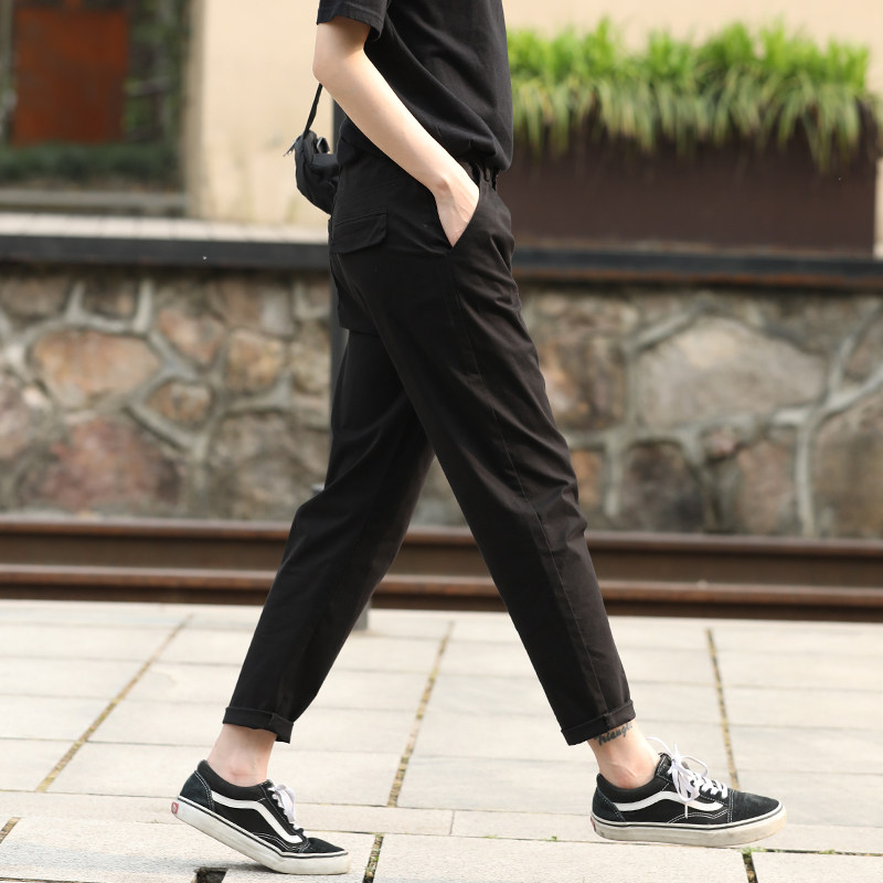 黑色裤子女夏季薄款大码工装裤女直筒休闲裤胖mm九分哈伦萝卜小脚