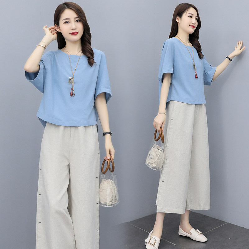 棉麻套装女阔腿裤2021年夏季新款减龄时尚休闲小个子套装裤两件套