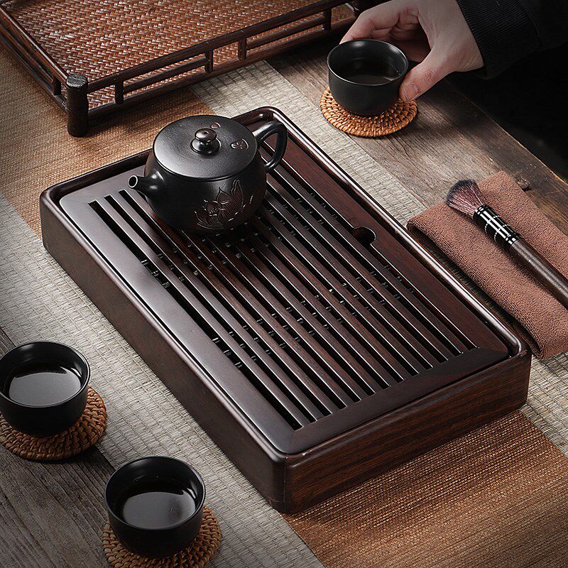 家用黑檀木实木茶盘o茶台茶海 简约办公室盛水蓄水小茶台水杯托盘