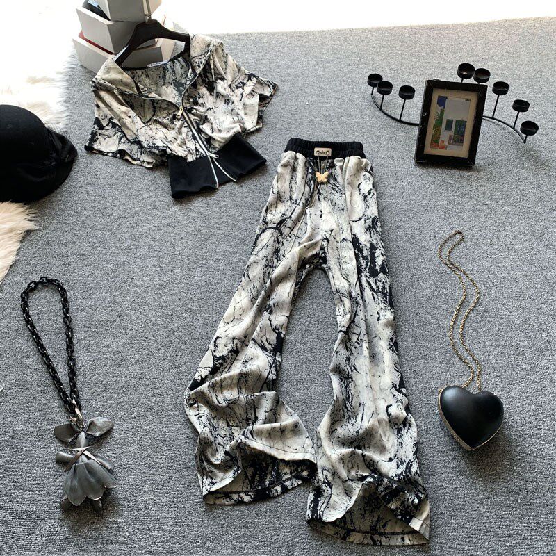 欧货时尚休闲运动套装女夏季水墨扎染短袖上衣冰丝阔腿裤两件套潮