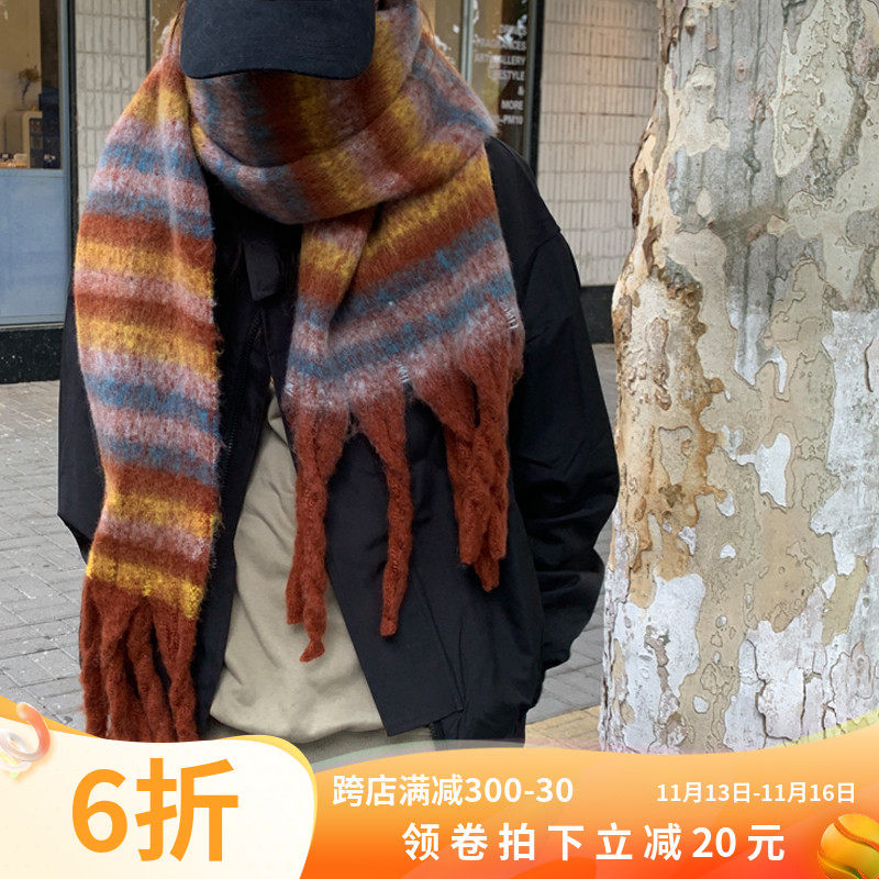 时尚条纹围巾冬季女生2022新款高级感复古百搭围脖披肩两用加长棕