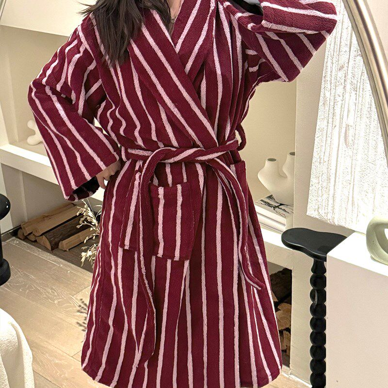 春秋中长款纯棉全棉毛绒睡袍女春款浴袍保暖秋冬条纹宽松厚款睡衣
