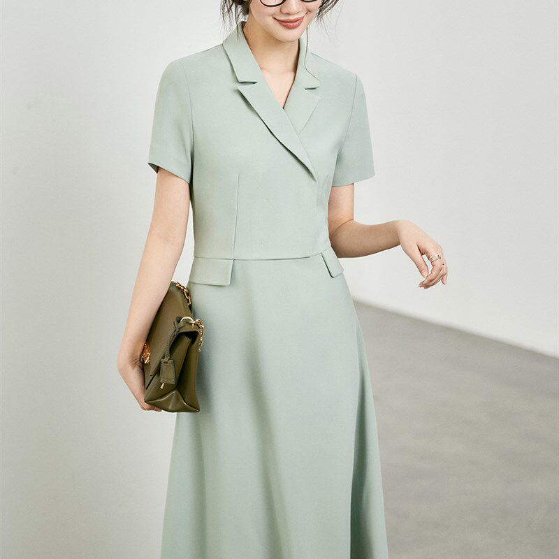有帆-清心薄荷!气质面试职业短袖西装领连衣裙正装裙子工作服女