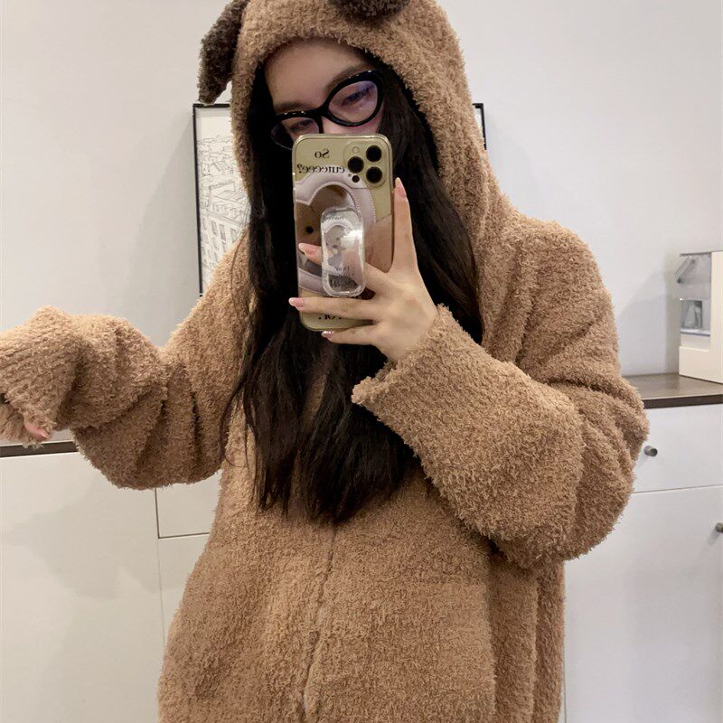 秋冬软绵绵柔软犬毛可爱立体耳朵泰迪色连帽宽松睡衣家居服套装女