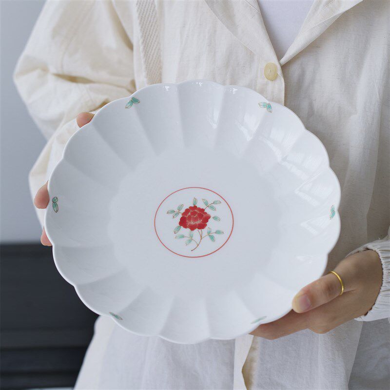 曼叙盘子菜盘家用釉下彩餐盘家用高级感陶瓷餐具手绘菊瓣盘圆形盘