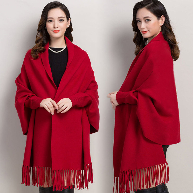 羊毛羊绒纯色披肩女秋冬喜婆婆妈妈旗袍外搭斗篷围巾两用披风加厚