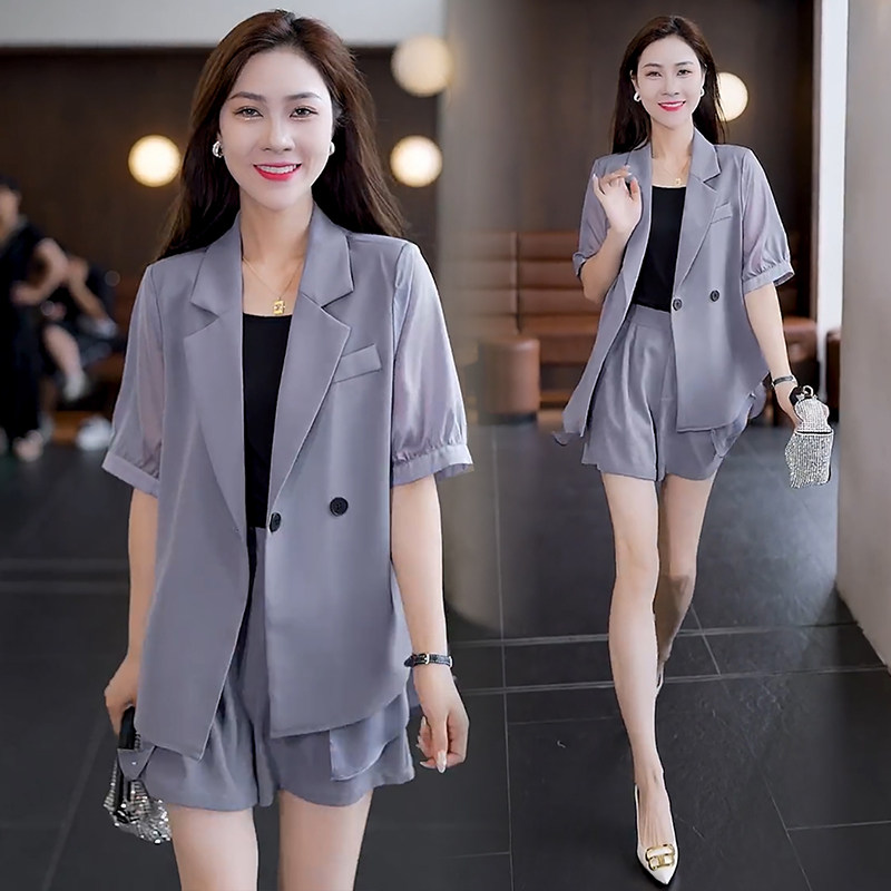 短袖短裤西装套装女夏季薄款2025新款高级感防晒外套职业装两件套