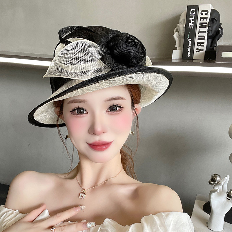 英伦复古麻纱圆顶礼帽女夏季透气遮阳帽赫本风气质花朵宽檐帽子