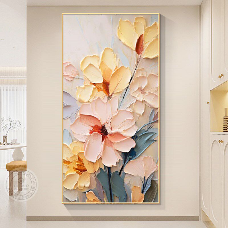 奶油风牡丹花入户玄关装饰画现代简约花开富N贵走廊过道高级感挂