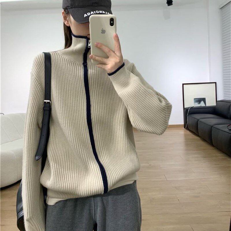 慵懒风!高领拉链羊毛针织开衫女宽松上衣秋冬季长袖开衫外套韩版