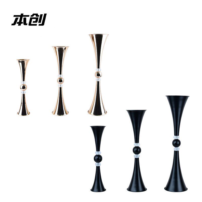婚礼用品铁艺金色花架路引花器婚庆布置喇叭花瓶餐桌装.饰花盆摆