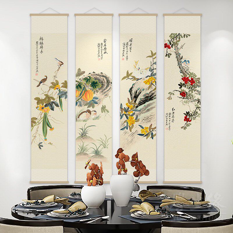 花鸟国画新中f式客厅挂轴画竖版餐厅书房四联装饰画走廊过道墙壁