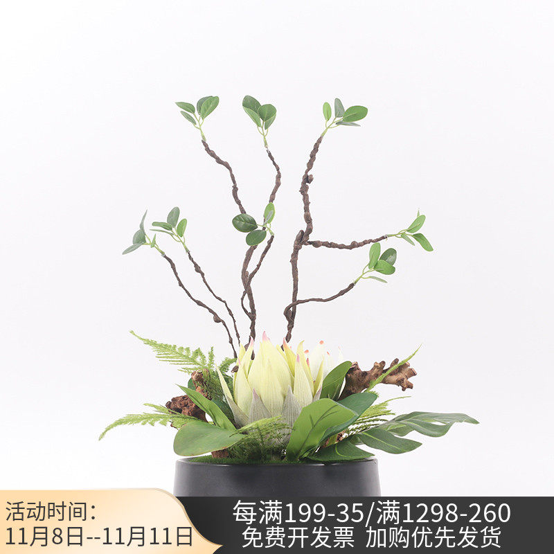 新中式假花盆景摆设样板房售楼处C软装配饰玄关客厅餐桌绿植装饰
